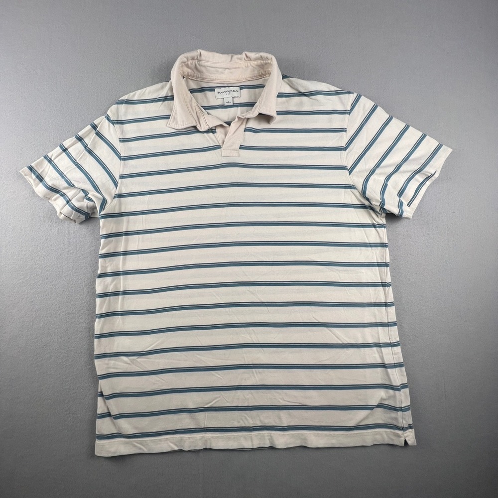 Banana Republic Polo Shirt Mens Large White Blue Striped Cotton Casual Preppy
